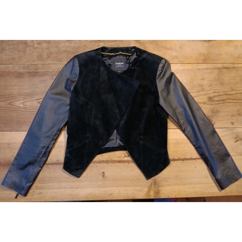 Vtg Y2K Bebe Leather and Suede Crop Moto Jacket Womens XS Black Goth Lined - Picture 1 of 9